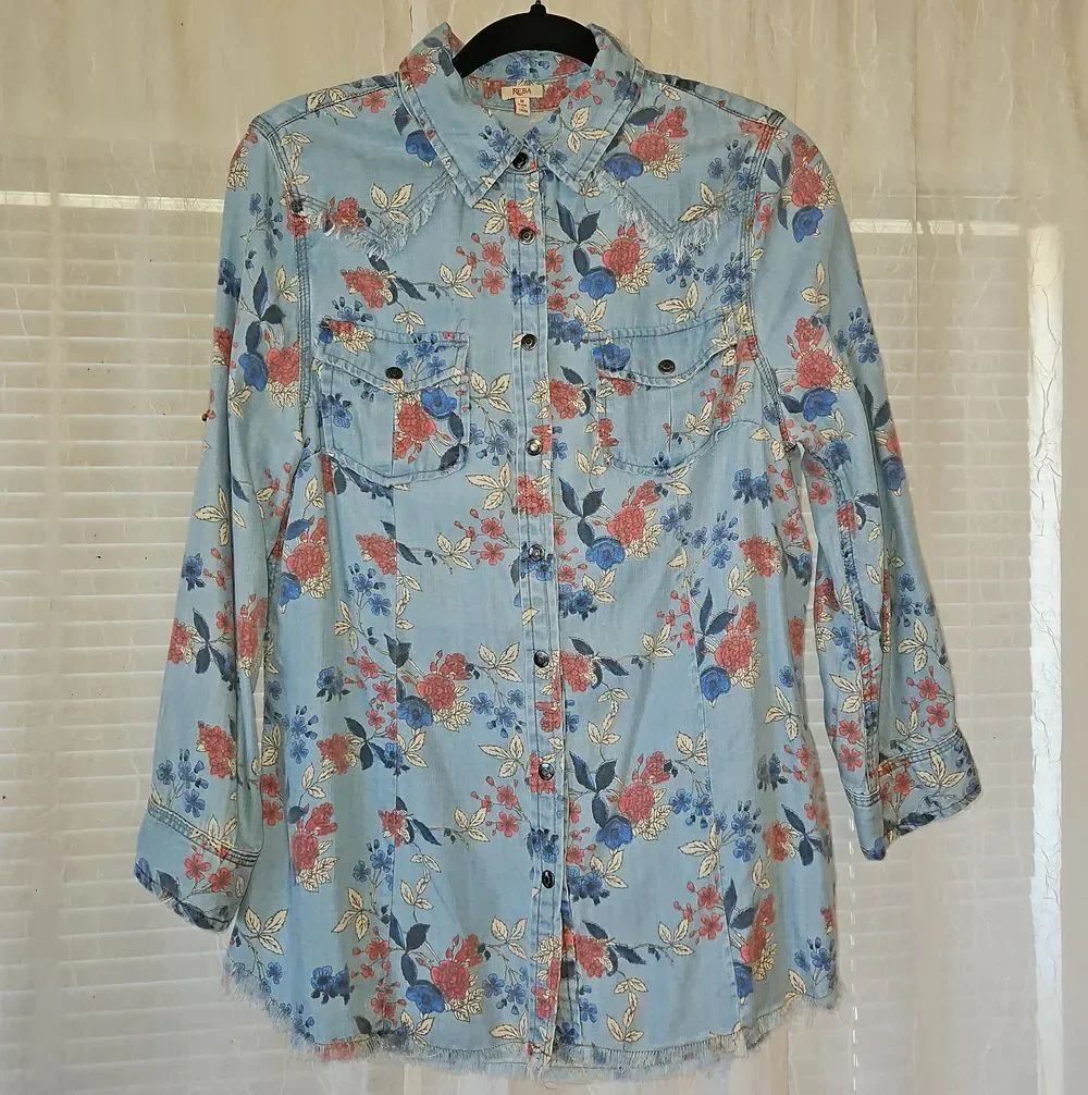 Reba Light Blue Floral Snap-Button Shirt